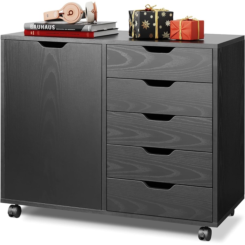 DEVAISE 5-Drawer Wood Dresser Chest with Door, Mobile Storage Cabinet, Printer Stand for Home Office, Black | Bigbigmart.com