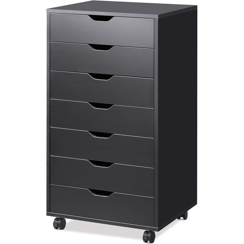 DEVAISE 7-Drawer Chest, Wood Storage Dresser Cabinet with Wheels, Black | Bigbigmart.com