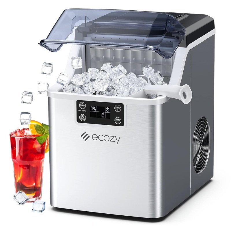ecozy Countertop Ice Makers, 45lbs Per Day, 24 Cubes Ready in 13 Mins, Stainless Steel Housing, Auto Self-Cleaning Ice Maker with Ice Bags and Ice Scoop for Kitchen Office Bar Party | Bigbigmart.com