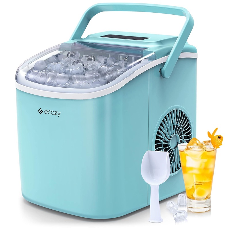 ecozy Portable Ice Maker Countertop, 9 Cubes Ready in 6 Mins, 26 lbs in 24 Hours, Self-Cleaning Machine with Ice Bags/Standing Ice Scoop/Ice Basket for Kitchen Office Bar Party, Aqua | Bigbigmart.com