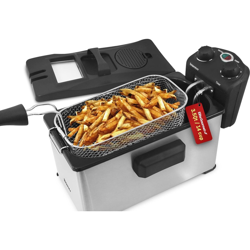 Elite Gourmet EDF-3500 Electric Immersion Deep Fryer. Removable Basket, Timer Control Adjustable Temperature, Lid with Viewing Window and Odor Free Filter,Stainless Steel,3.5 Quart / 14 Cup | Bigbigmart.com