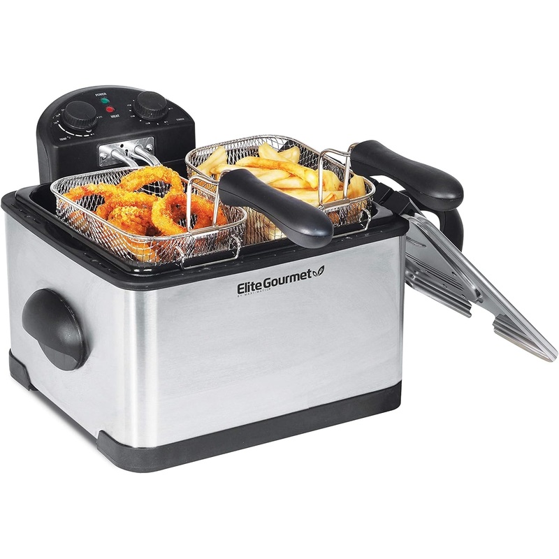 Elite Gourmet EDF-401T Electric Immersion Deep Fryer 3-Baskets, 1700-Watt, Timer Control, Adjustable Temperature, Lid with Viewing Window and Odor Free Filter, Stainless Steel and Black | Bigbigmart.com