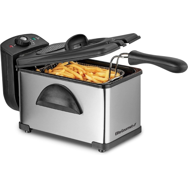 Elite Gourmet EDF2100 Electric Immersion Deep Fryer Removable Basket Adjustable Temperature, Lid with Viewing Window and Odor Free Filter, 2 Quart / 8.2 cup | Bigbigmart.com