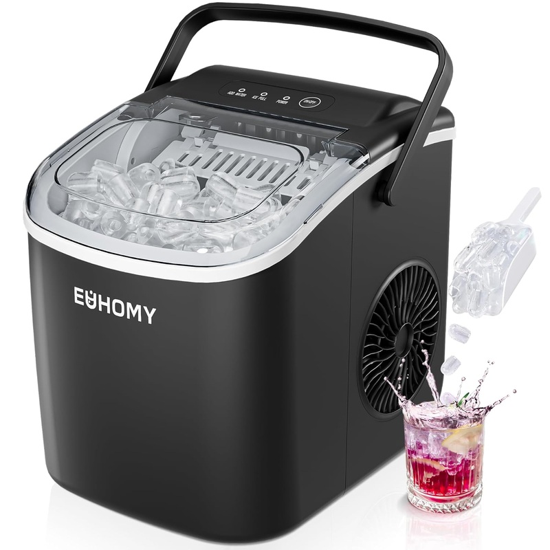 EUHOMY Countertop Ice Maker Machine with Handle, 26lbs in 24Hrs, 9 Ice Cubes Ready in 6 Mins, Auto-Cleaning Portable Ice Maker with Basket and Scoop, for Home/Kitchen/Camping/RV. (Black) | Bigbigmart.com