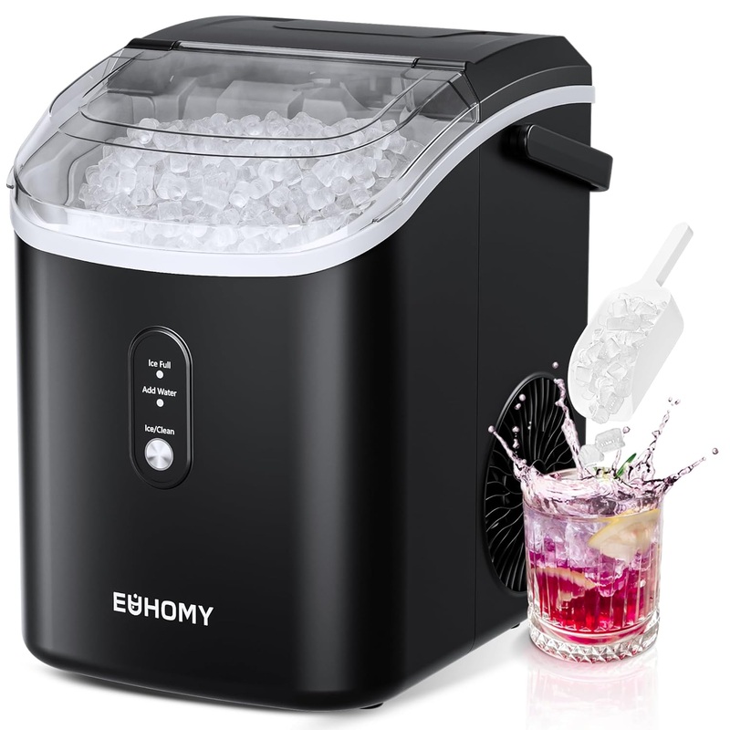 EUHOMY Nugget Ice Maker Countertop with Handle, Ready in 6 Mins, 34lbs/24H, Removable Top Cover, Auto-Cleaning, Portable Sonic Ice Maker with Basket and Scoop, for Home/Party/RV/Camping. (Black) | Bigbigmart.com
