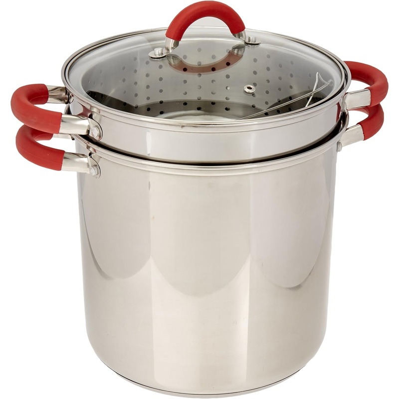 EXCELSTEEL 12 Qt Multifunction Stainless Steel Pasta Cooker with Encapsulated Base, Vented Glass Lid, and Riveted Silicone Covered Handles, 10D x 13.75W x 14H | Bigbigmart.com