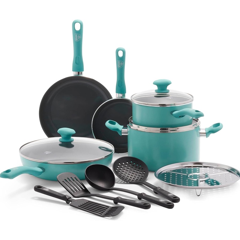 GreenLife Soft Grip Diamond Healthy Ceramic Nonstick 13 Piece Cookware Pots and Pans Set, PFAS-Free, Dishwasher Safe, Turquoise, Diamond Cookware | Bigbigmart.com