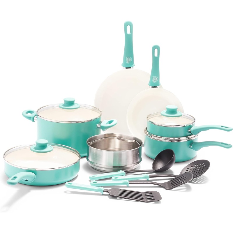 GreenLife Soft Grip Healthy Ceramic Nonstick, 15 Piece Cookware Pots and Pans Set, Induction, PFAS-Free, Dishwasher Safe, Turquoise | Bigbigmart.com