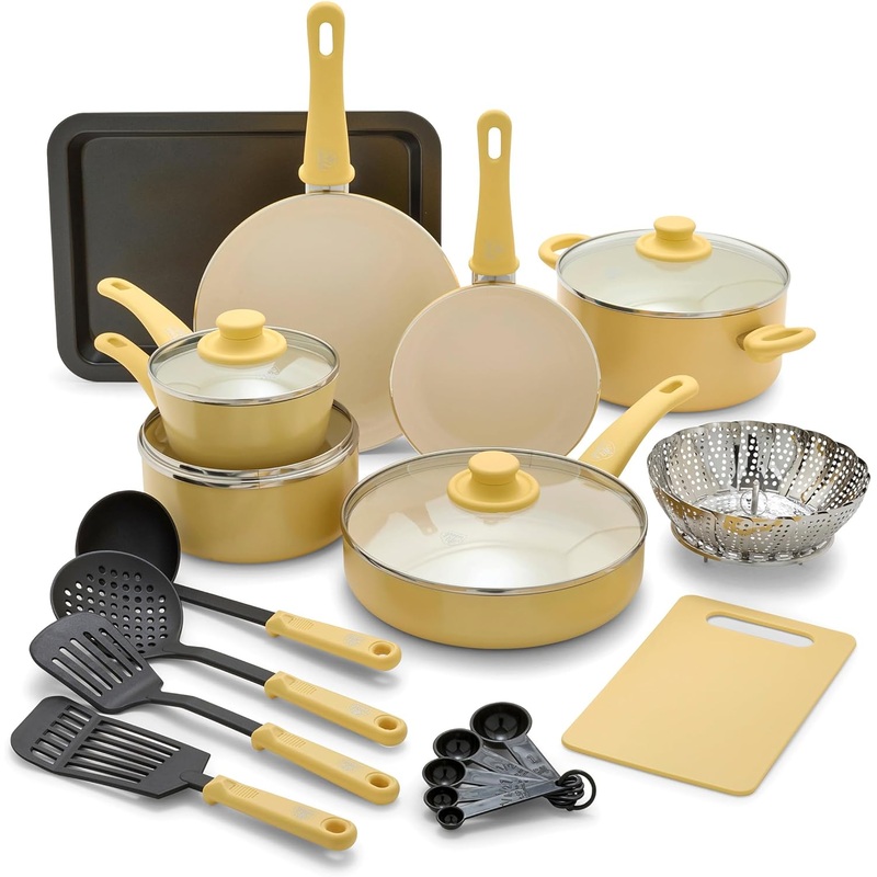 GreenLife Soft Grip Healthy Ceramic Nonstick 18 Piece Kitchen Cookware Pots and Frying Sauce Saute Pans Set, PFAS-Free with Kitchen Utensils and Lid, Dishwasher Safe, Turquoise | Bigbigmart.com