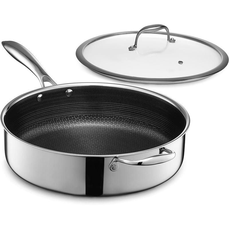 HexClad Hybrid Nonstick 5.5 Qt Deep Saut Pan and Lid, Dishwasher and Oven-Safe, Compatible with All Cooktops | Bigbigmart.com
