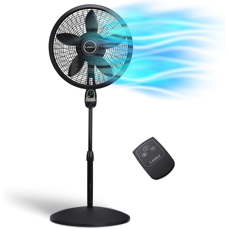 Lasko Oscillating Cyclone Pedestal Fan, Adjustable Height, Timer, Remote Control, 3 Speeds, for Bedroom, Living Room, Home Office, 18, Black, 1843 | Bigbigmart.com