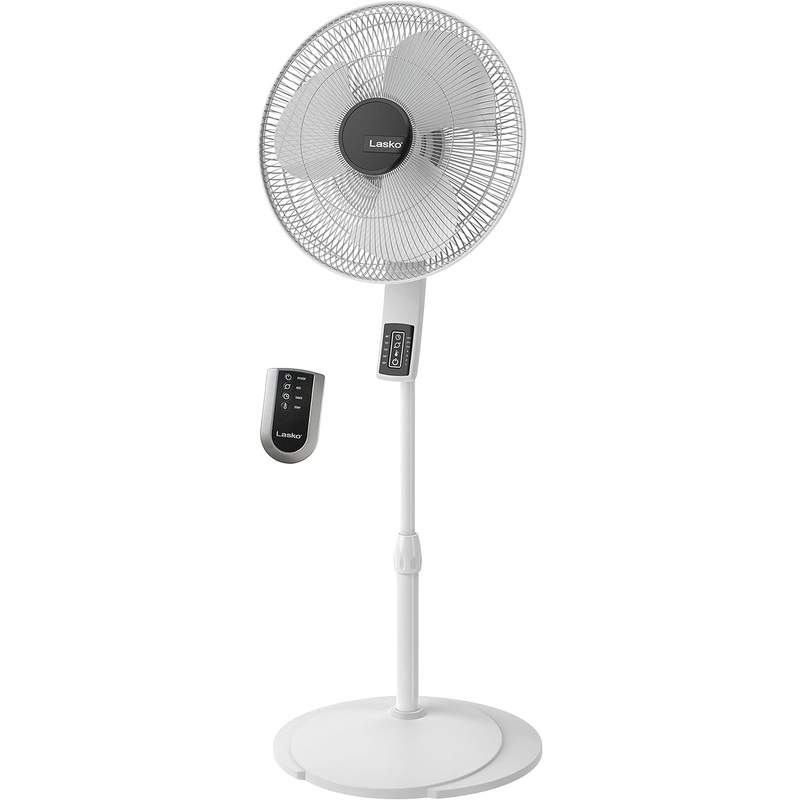 Lasko Oscillating Pedestal Fan, Thermostat, Adjustable Height, Remote Control, Timer, 4 Speeds, 16, White, S16614