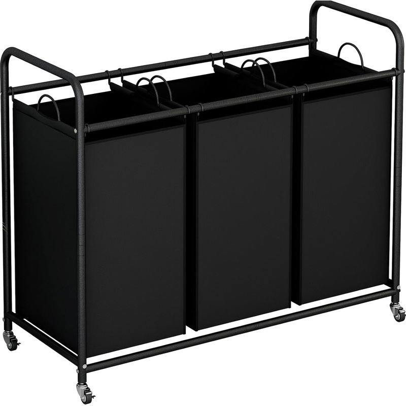 LINZINAR 3-Bag Laundry Basket Hamper Laundry Sorter Cart laundry room organization with Heavy Duty Rolling Lockable Wheels and Removable Bags (Black) | Bigbigmart.com