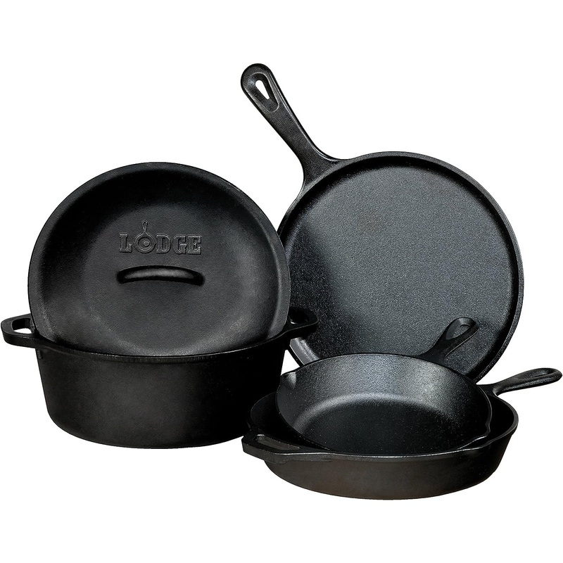 Lodge Seasoned Cast Iron 5 Piece Bundle. 10.5 Griddle, 8 Skillet, 10.25 Skillet, 10.25 Dutch Oven, and 10.25 Lid,Black | Bigbigmart.com
