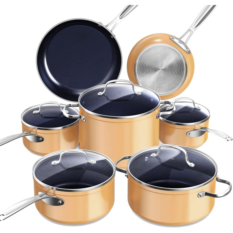 Nuwave Healthy Duralon Blue Ceramic Nonstick Cookware Set, Diamond Infused Scratch-Resistant, PFAS Free, Dishwasher & Oven Safe, Induction Ready & Evenly Heats, Tempered Glass Lids & Stay-Cool Handles | Bigbigmart.com