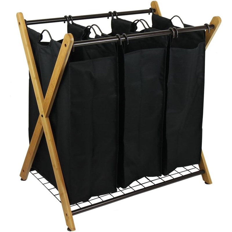 Oceanstar XBS1484 Bamboo 3-Bag Laundry Sorter Black, 29.75 in. H x 19.10 in. W x 27 in. | Bigbigmart.com