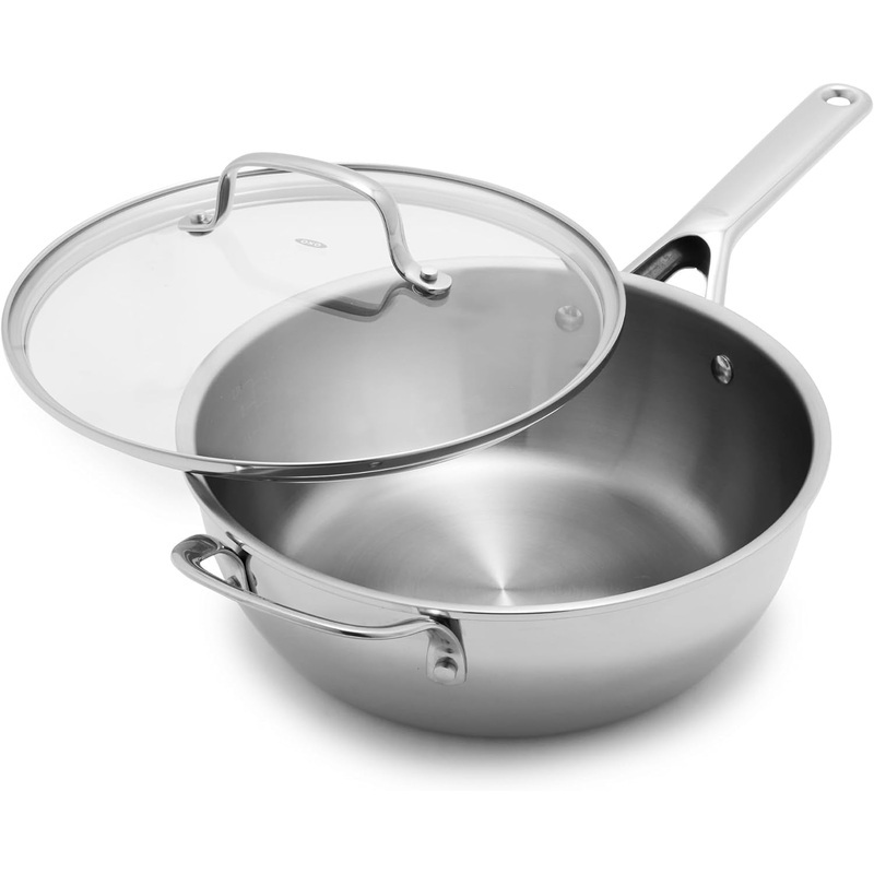 OXO Agility Tri-Ply Stainless Steel 3.57QT Chefs Pan with Lid, Induction Suitable Cookware, Ultra-Durable, Quick Even Heating, Measurement Markings, Pouring Rim, Lightweight, Dishwasher and Oven Safe | Bigbigmart.com