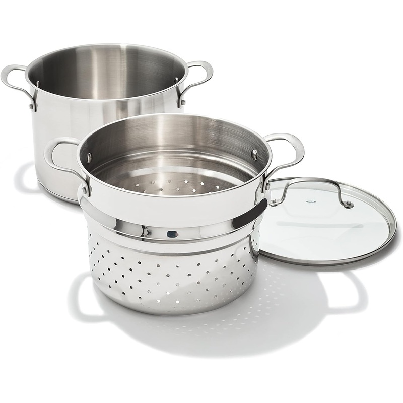 OXO Stainless Steel 8.4QT Multipurpose Boiler Pot with Steamer Insert & Glass Lid, Stockpot for Simmering, Boiling, Steaming, Stew, Soup, Pasta, Induction Suitable, Dishwasher Safe, Stainless Steel | Bigbigmart.com