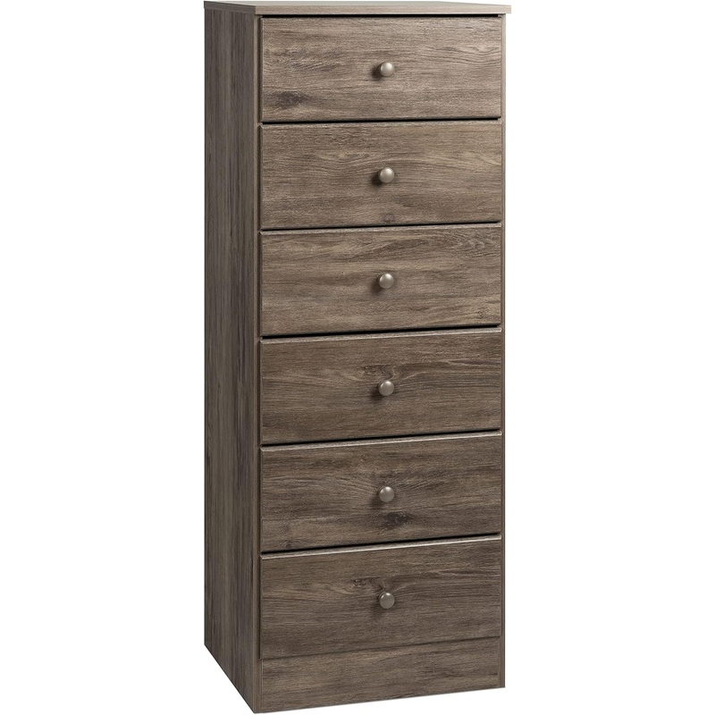 Prepac Astrid Simplistic 6-Drawer Tall Dresser for Bedroom, Functional Chest of Drawers with Acrylic Knobs 16 D x 20 W x 52 H, Drifted Gray, DDBH-0401-1 | Bigbigmart.com