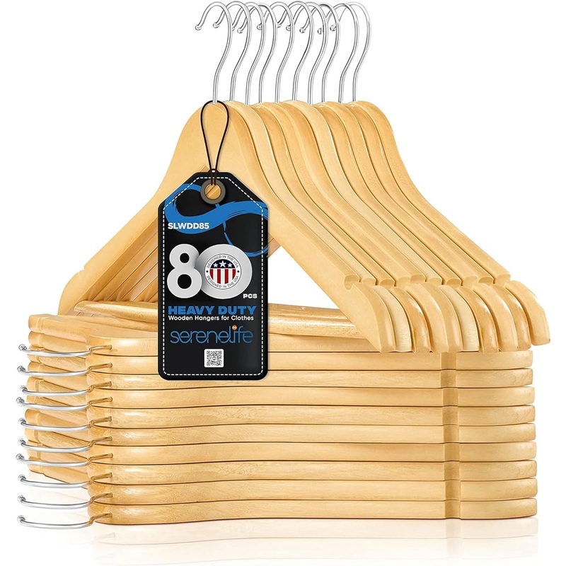 SereneLife Home Solid Wooden Hangers, Mega Pack, 80 Pieces Hangers for Clothes, Heavy Duty Suit Hanger Set with Chrome 360 Degree Swivel Hook, Notched Design, Natural Wood Color | Bigbigmart.com