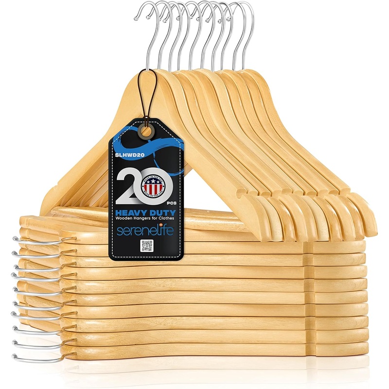 SereneLife Premium Solid Wooden Hangers – Smooth Finish Space Saving Heavy Duty Suit Clothes Hanger Set w/ 360 Degree Swivel Metal Hook, Precisely Cut Notches, for Coats Jackets Pants Dress (20-Pack) | Bigbigmart.com