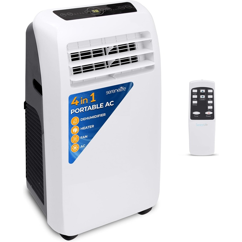 SereneLife Small Air Conditioner Portable 10,000 BTU with Built-in Dehumidifier + Heat – Portable AC unit for rooms up to 450 sq ft – Remote Control, Window Mount Exhaust Kit | Bigbigmart.com