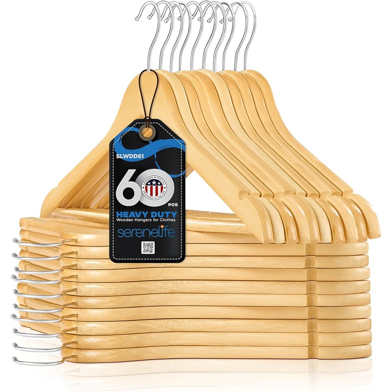 SereneLife Solid Wooden Hangers, Mega Pack, 60 Pieces Hangers for Clothes, Heavy Duty Suit Hanger Set with Chrome 360 Degree Swivel Hook, Notched Design, Natural Wood Color | Bigbigmart.com