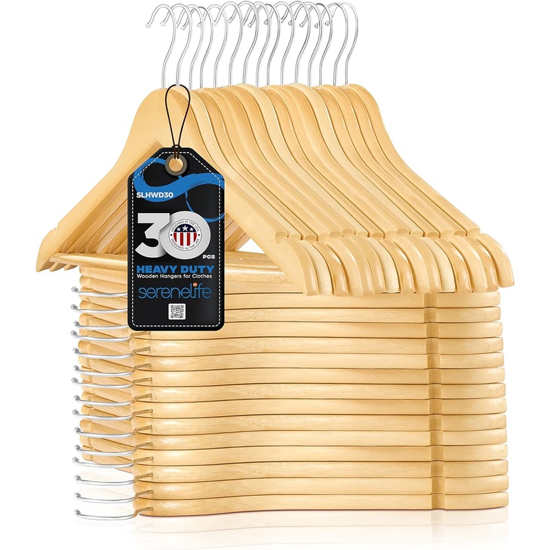 SereneLife Wooden Hangers, Premium Clothes Hanger, Coat Hanger, Space Saving Heavy Duty Hangers, 30 Pack Wood Hangers | Bigbigmart.com