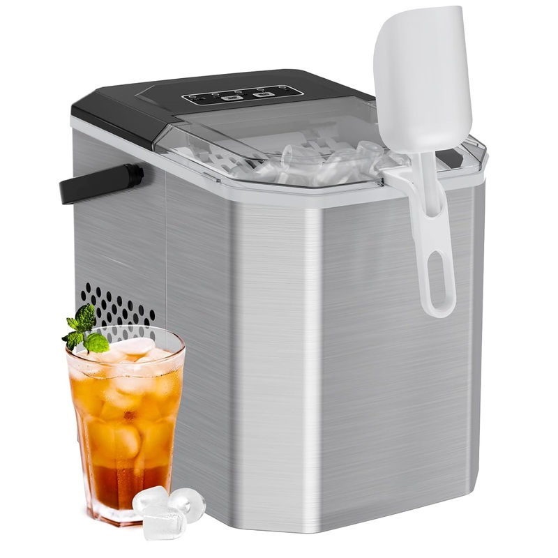 Silonn Ice Maker Countertop, Stainless Steel Portable Ice Machine with Carry Handle, Self-Cleaning Ice Makers with Basket and Scoop, 9 Cubes in 6 Mins, 26 lbs per Day | Bigbigmart.com