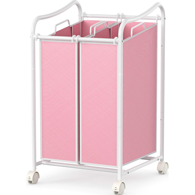 Simple Houseware 2-Bag Heavy Duty Rolling Laundry Sorter Cart, White/Pink | Bigbigmart.com
