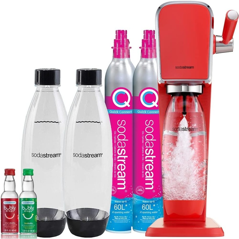 SodaStream Art Sparkling Water Maker Bundle (Mandarin Red), with CO2, DWS Bottles, and Bubly Drops Flavors | Bigbigmart.com