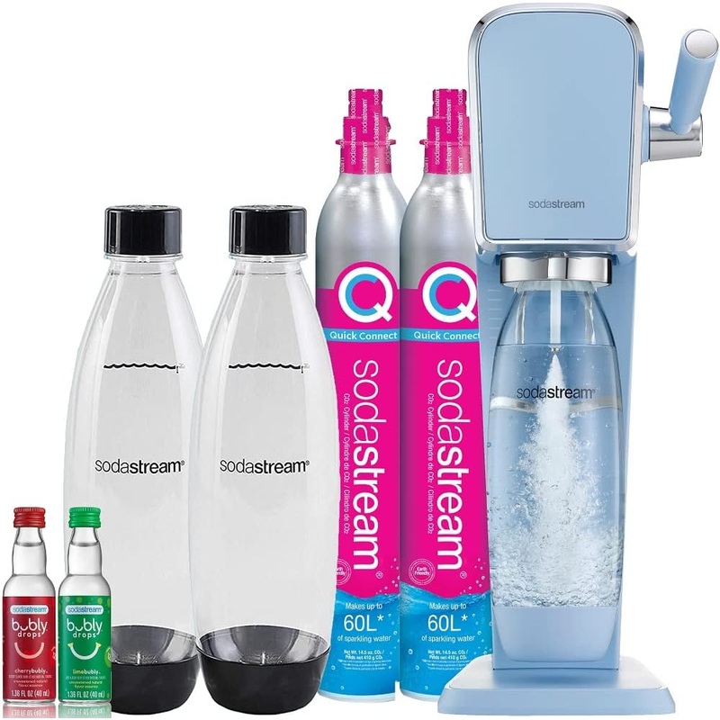 SodaStream Art Sparkling Water Maker Bundle (Misty Blue), with CO2, DWS Bottles, and Bubly Drops Flavors | Bigbigmart.com