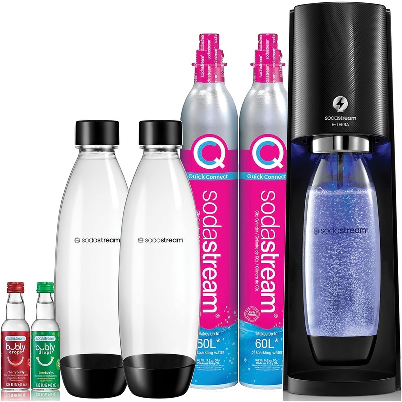 SodaStream E-TERRA Sparkling Water Maker Bundle (Black), with CO2, Carbonating Bottles, and bubly Drops Flavors | Bigbigmart.com