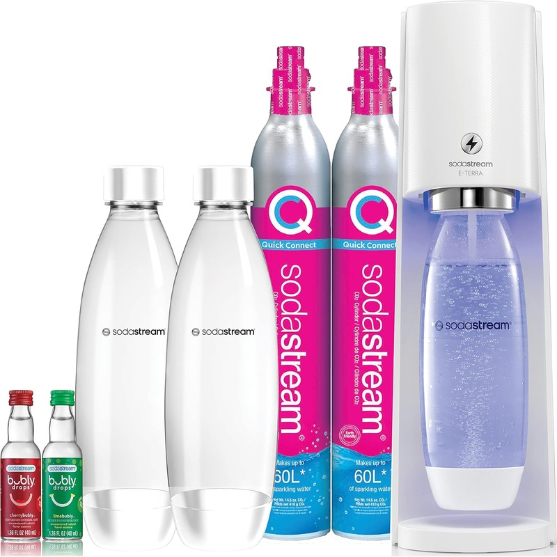 SodaStream E-TERRA Sparkling Water Maker Bundle (White), with CO2, Carbonating Bottles, and bubly Drops Flavors | Bigbigmart.com
