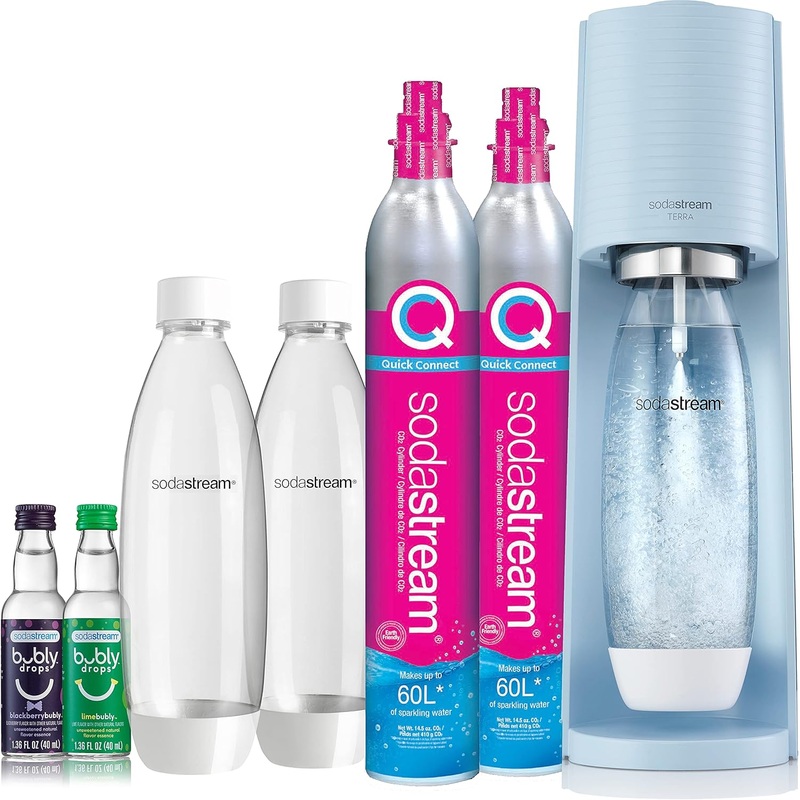 SodaStream Terra Sparkling Water Maker Bundle (Misty Blue), with CO2, DWS Bottles, and Bubly Drops Flavors | Bigbigmart.com