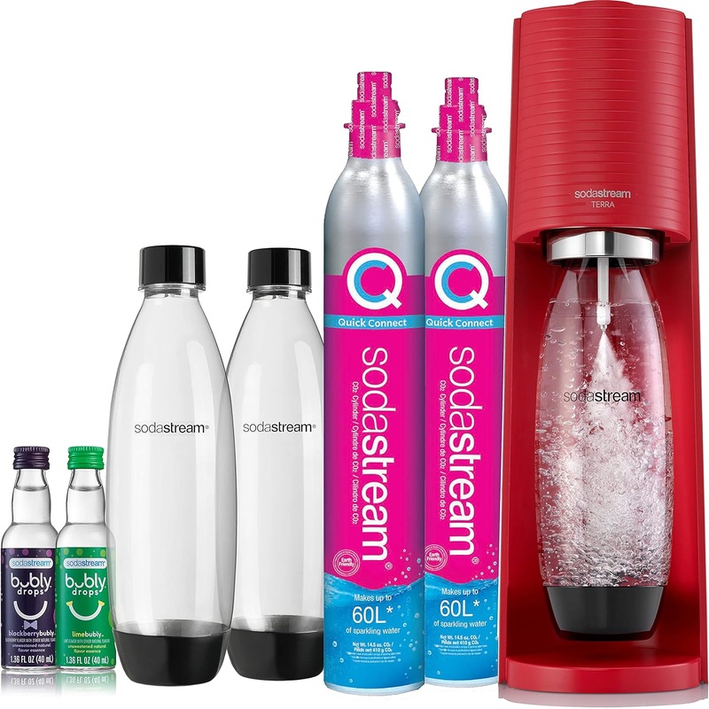 SodaStream Terra Sparkling Water Maker Bundle (Red), with CO2, DWS Bottles, and Bubly Drops Flavors | Bigbigmart.com