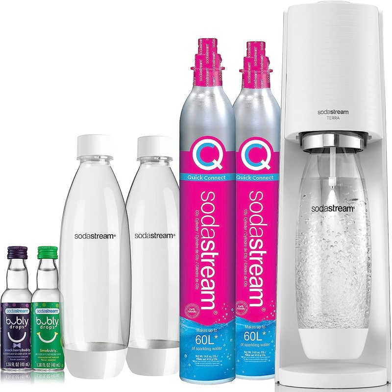 SodaStream Terra Sparkling Water Maker Bundle (White), with CO2, DWS Bottles, and Bubly Drops Flavors | Bigbigmart.com