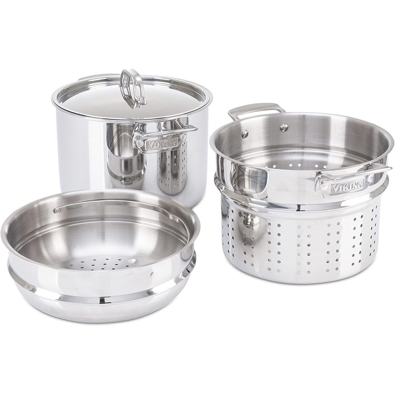 Viking Culinary 3-Ply Stainless Steel Pasta Pot, 8 Quart, Includes Pasta & Steamer Insert, Dishwasher, Oven Safe, Works on All Cooktops including Induction | Bigbigmart.com