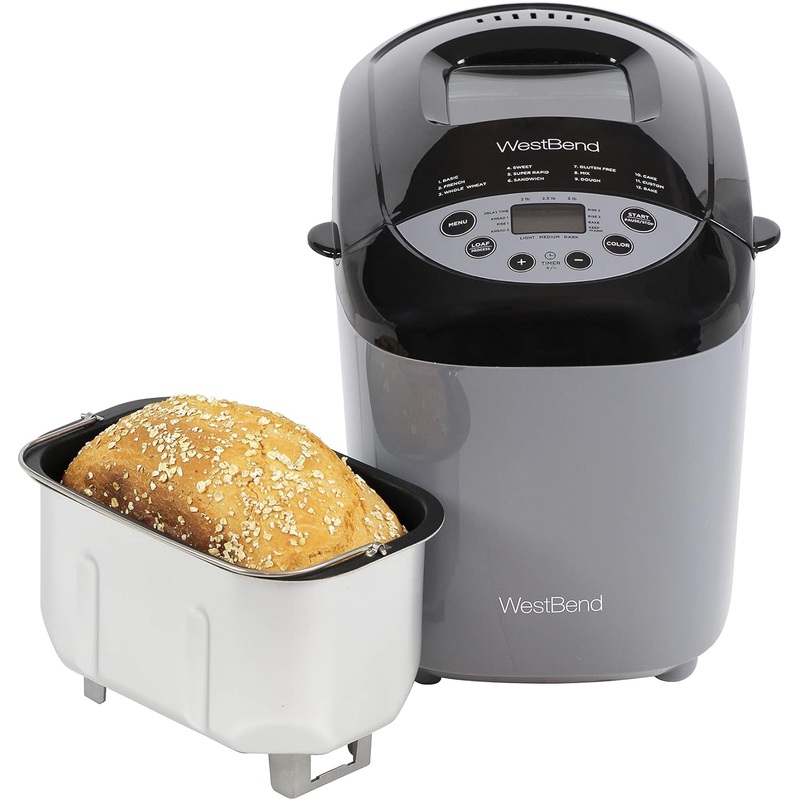 West Bend Hi-Rise Bread Maker Programmable Horizontal Dual Blade with 12 Programs Including Gluten Free, 3-Pound, Gray | Bigbigmart.com