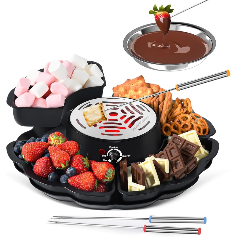 2 in 1 Electric Smores Maker & Fondue Pot, Tabletop Indoor Smores kit with 4 Roasting Forks, 4 Detachable Trays & 1 Flameless Temperature-controlled Heater, Movie Night Supplies & Housewarming Gifts | Bigbigmart.com