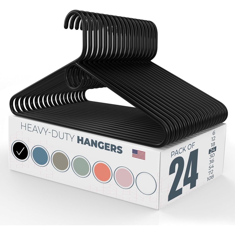 24pk Made in USA Heavy Duty Plastic Clothes Hangers Bulk, 20 30 50 100 Pack Available, Strong Plastic Hangers, Jacket Coat Hangers, Thick Plastic Hanger for Closet and Clothing Hangars (Black) | Bigbigmart.com