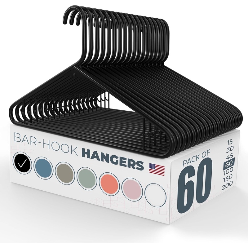 60pk Made in USA Strong Plastic Clothes Hangers Bulk | 20 30 50 100 Pack Available | Laundry Clothes Hanger | Coat Hangers Plastic | Heavy Duty Plastic Hanger for Closet and Clothing Hangars (Black) | Bigbigmart.com