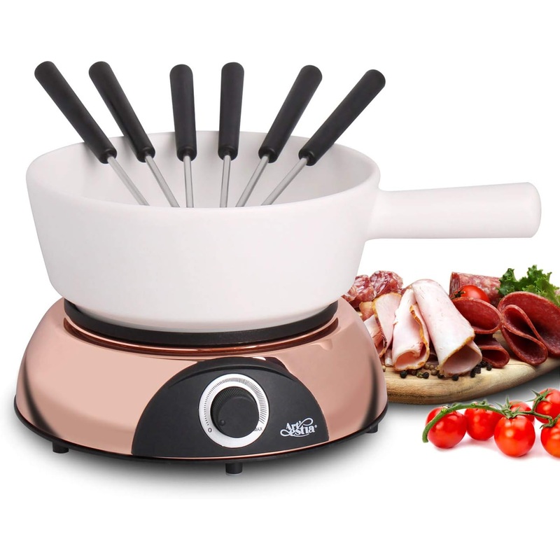 Artestia 1500W Electric Fondue Pot for Meat, 2-QT Ceramic Chocolate Melting Pot with Adjustable Temperature, 6 Fondue Forks, White Ceramic Pot with Rose-Gold Base | Bigbigmart.com