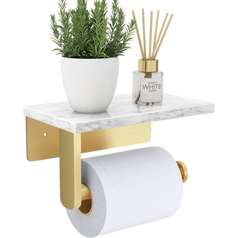 Brushed Gold Toilet Paper Holder with Natural Marble Shelf, 304 Stainless Steel Screw Wall Mounted, Tissue Roll Paper Holder Dispenser for Bathroom Washroom | Bigbigmart.com