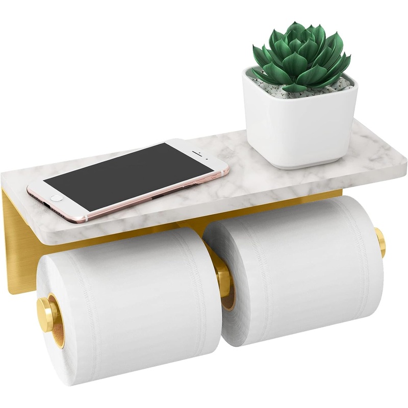 Brushed Gold Toilet Paper Holder with Shelf, New Upgrade Double Toilet Paper Holder with Storage, Marble Roll Toilet Paper Wall Mount for Bathroom Washroom | Bigbigmart.com
