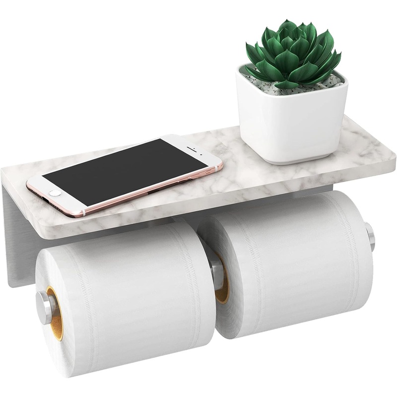 Brushed Nickel Toilet Paper Holder with Shelf, New Upgrade Double Toilet Paper Holder with Storage, Marble Roll Toilet Paper Wall Mount for Bathroom Washroom | Bigbigmart.com