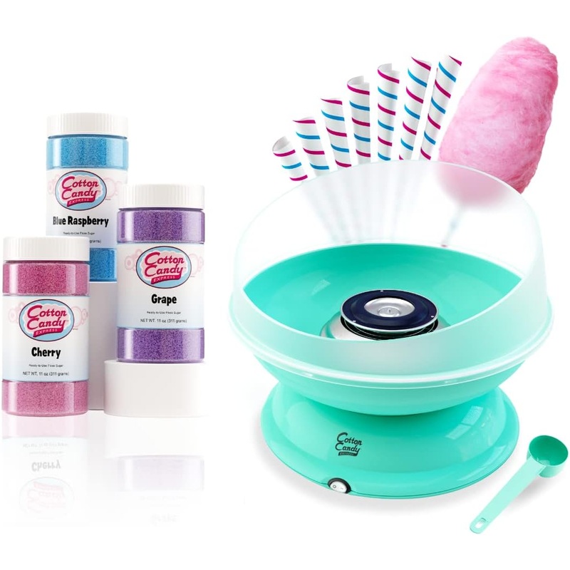Cotton Candy Express BB1000-S Cotton Candy Machine, with 3-11oz. Jars of Cherry, Grape, Blue Raspberry Floss Sugar & 50 Paper Cones. Easy to Use and Clean. Nostalgia and Fun for Kids and Adults | Bigbigmart.com