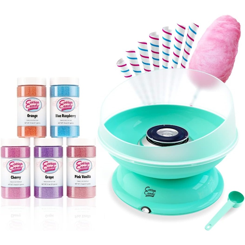 Cotton Candy Express BB1000-S Cotton Candy Machine, with 5-11oz. Jars of Cherry, Grape, Blue Raspberry, Orange, Pink Vanilla Floss Sugar & 50 Paper Cones Easy to Use and Clean | Bigbigmart.com