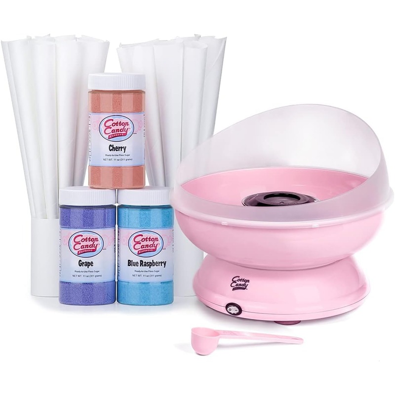 Cotton Candy Express CC1000-S Cotton Candy Machine, with 3 – 11oz. Jars of Cherry, Grape, Blue Raspberry, Orange, Pink Vanilla Floss Sugar & 50 Paper Cones Easy to Use and Clean | Bigbigmart.com