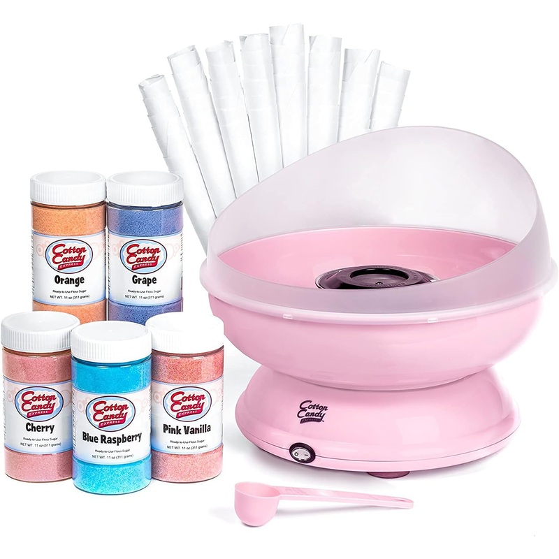 Cotton Candy Express CC1000-S Cotton Candy Machine, with 5 – 11oz. Jars of Cherry, Grape, Blue Raspberry, Orange, Pink Vanilla Floss Sugar & 50 Paper Cones Easy to Use and Clean | Bigbigmart.com